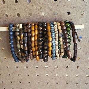 Beaded Bracelet Stack - Brown & Green Wood Beads. 15 Total 3008